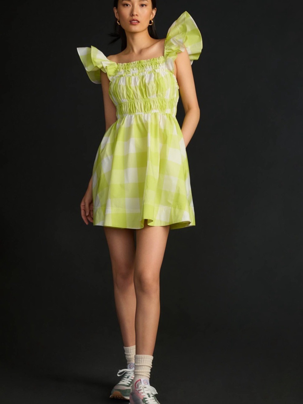 NWT Maeve Square-Neck Flutter-Sleeve Shirred Dress size M
